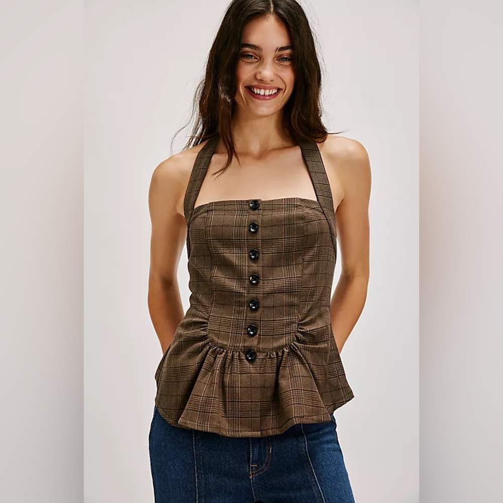 Free people Anastasia plaid halter peplum top
